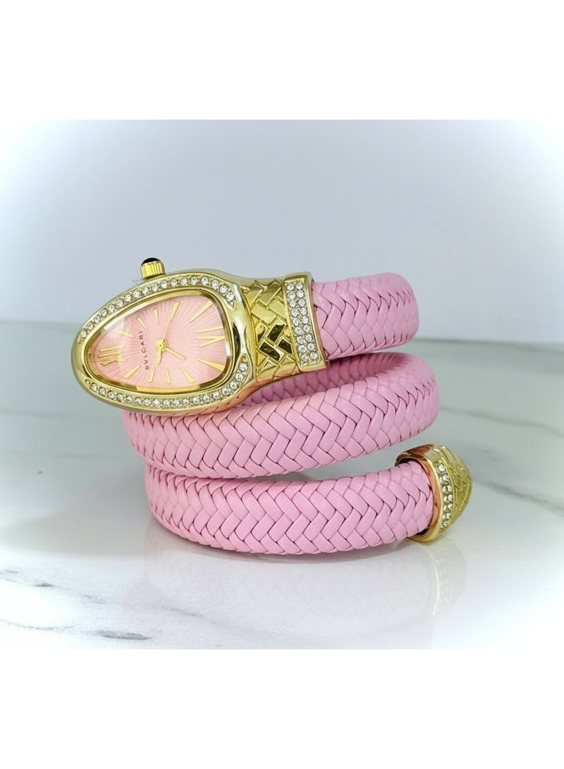 BVLGARI Serpenti Pink Leather Double-Wrap Watch with Diamond-Set Gold Case - Image 3